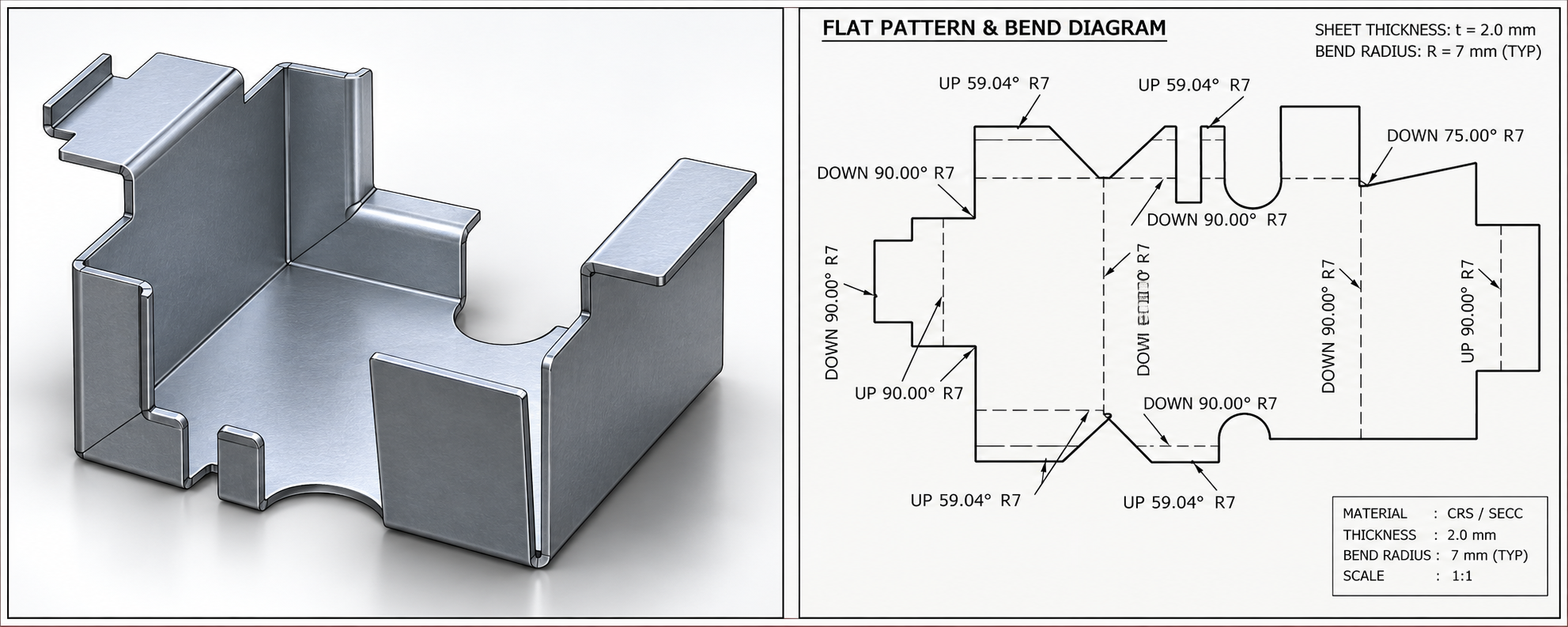 Sheet Metal CAD: chi tiết gấp tấm và sơ đồ flat pattern, bend